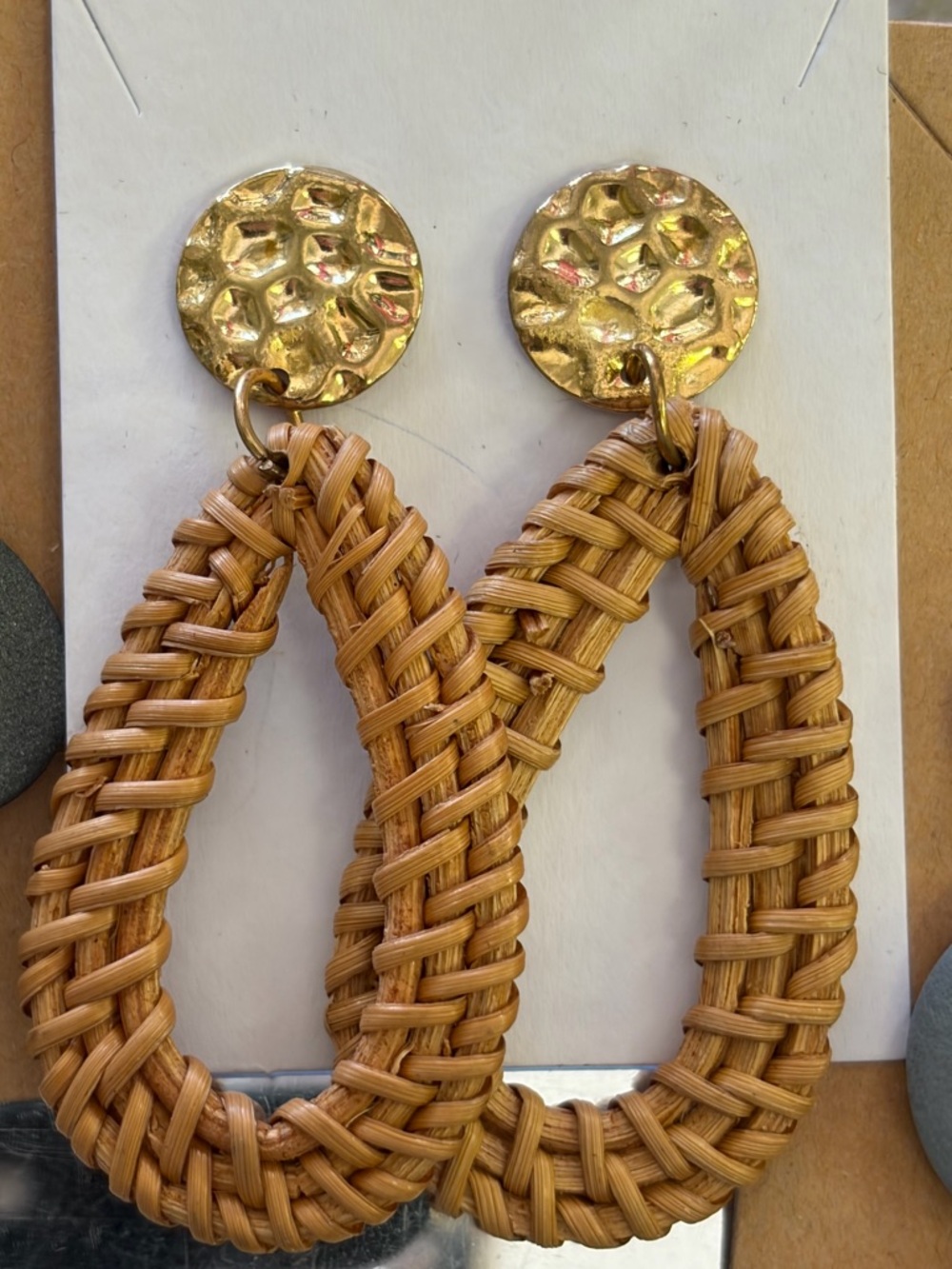 Beachy Boho Handwoven Rattan Teardrop Earrings with Gold Studs - Natural Brown